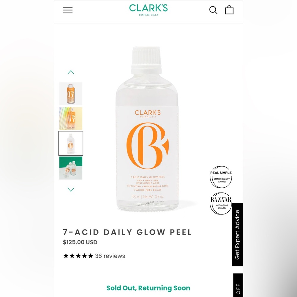 Clarks Botanicals 7-Acid Daily Glow Peel: AHA BHA Chemical Peel for Face, Purify